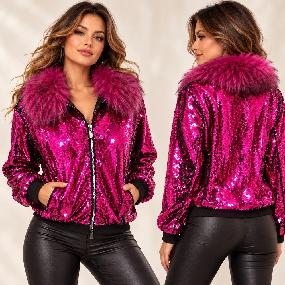 OO LALA Sequin Jacket XL Hot Pink Faux Fur Collar Zip Up Glam Party